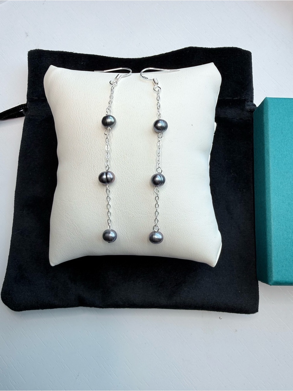 Sterling Silver Station Earrings with Black Peacock Genuine Pearls Chain Drop